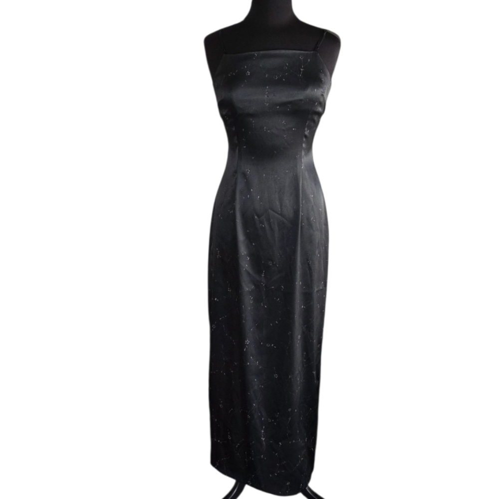 Vintage 90s City Triangles Gown Blaxlck Satin Subtle Glitter Floral